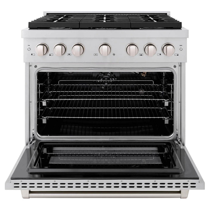 ZLINE Kitchen Package with Refrigerator, 36 in. Stainless Steel Gas Range, 36 in. Range Hood, Microwave Drawer, 24 in. Tall Tub Dishwasher and Wine Cooler (6KPR-SGRRH36-MWDWV-RWV)