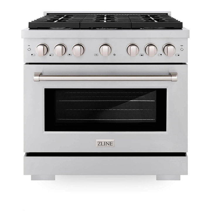 ZLINE Kitchen Package with Refrigerator, 36 in. Stainless Steel Gas Range, 36 in. Range Hood, Microwave Drawer, 24 in. Tall Tub Dishwasher and Beverage Fridge (6KPR-SGRRH36-MWDWV-RBV)