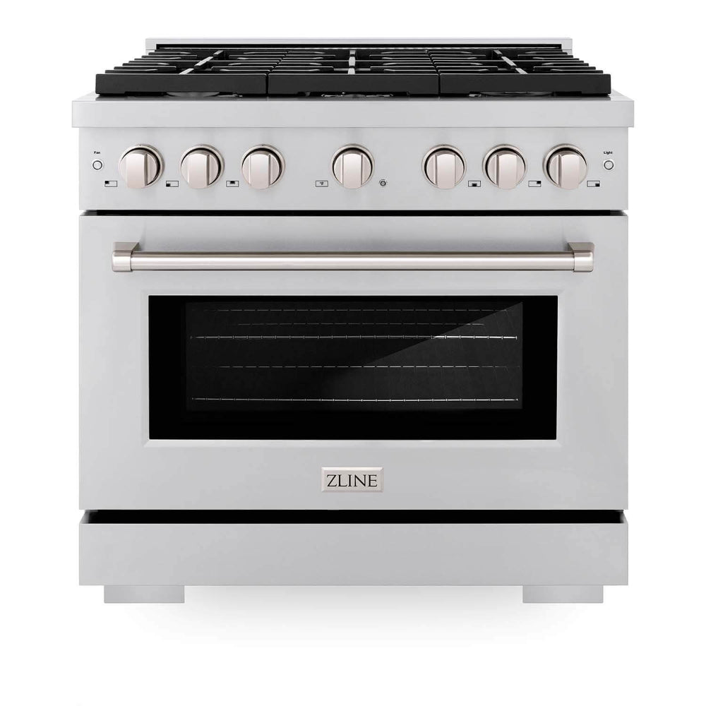 ZLINE Kitchen Package with Refrigerator, 36 in. Stainless Steel Gas Range, 36 in. Convertible Vent Range Hood and 24 in. Tall Tub Dishwasher (4KPR-SGRRH36-DWV)