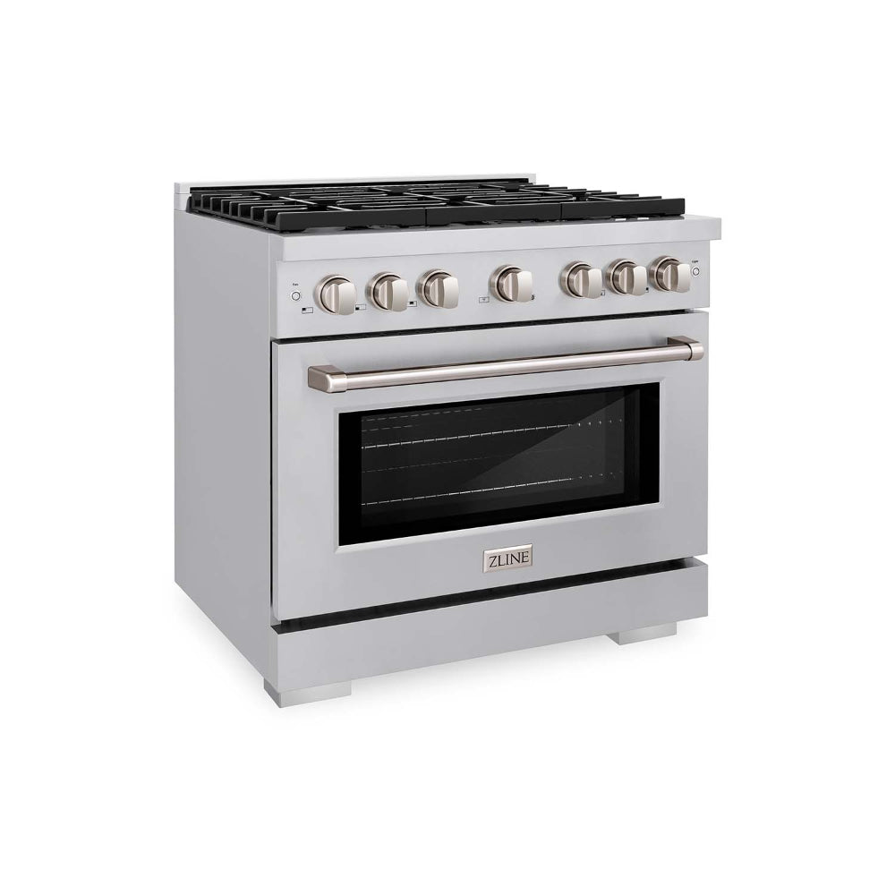 ZLINE Kitchen Package with Refrigerator, 36 in. Stainless Steel Gas Range, 36 in. Convertible Vent Range Hood and 24 in. Tall Tub Dishwasher (4KPR-SGRRH36-DWV)