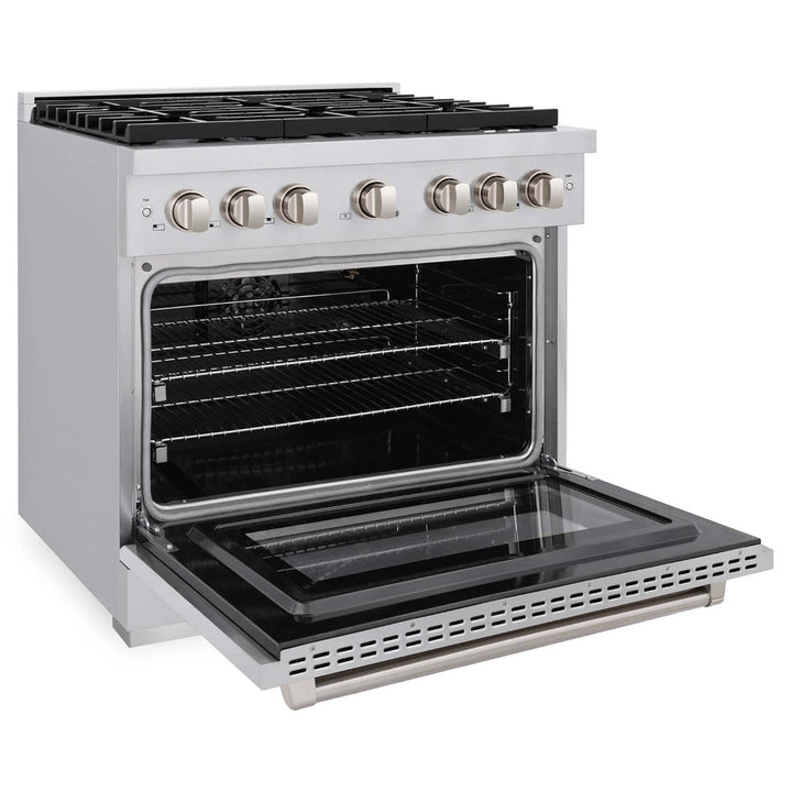 ZLINE Kitchen Package with Refrigerator, 36 in. Stainless Steel Gas Range, 36 in. Range Hood, Microwave Drawer, 24 in. Tall Tub Dishwasher and Wine Cooler (6KPR-SGRRH36-MWDWV-RWV)