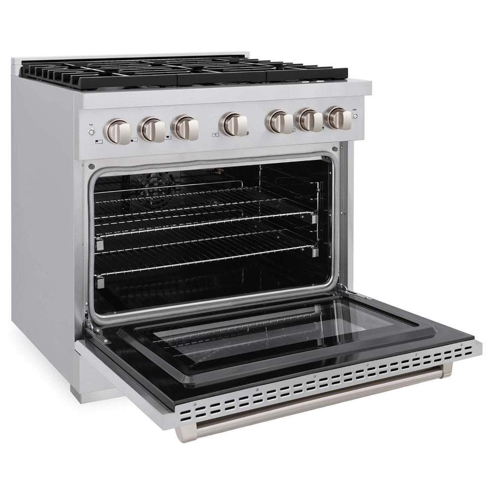 ZLINE Kitchen Package with Refrigerator, 36 in. Stainless Steel Gas Range, 36 in. Convertible Vent Range Hood and 24 in. Tall Tub Dishwasher (4KPR-SGRRH36-DWV)