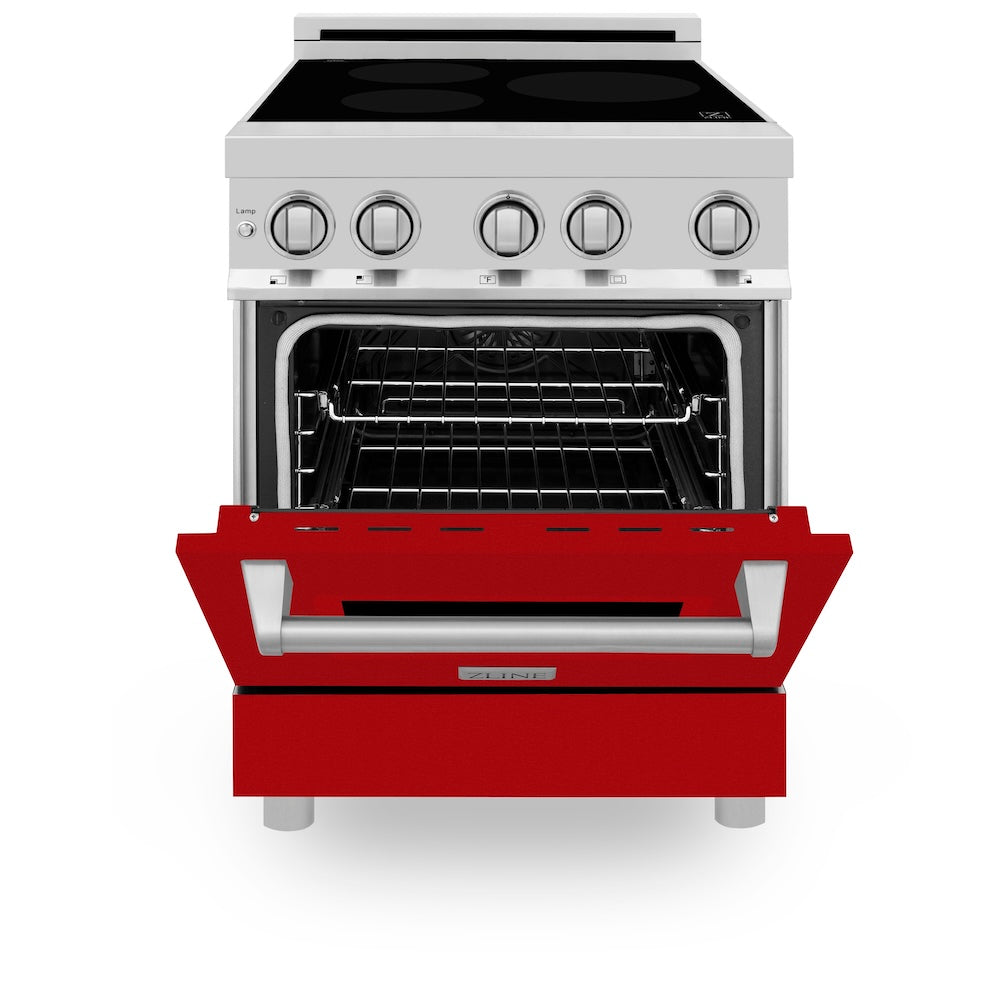 ZLINE 24 in. 2.8 cu. ft. Legacy Induction Range with 4 Element Cooktop and Electric Oven in Stainless Steel and Red Gloss Door, Open Box-Excellent Condition