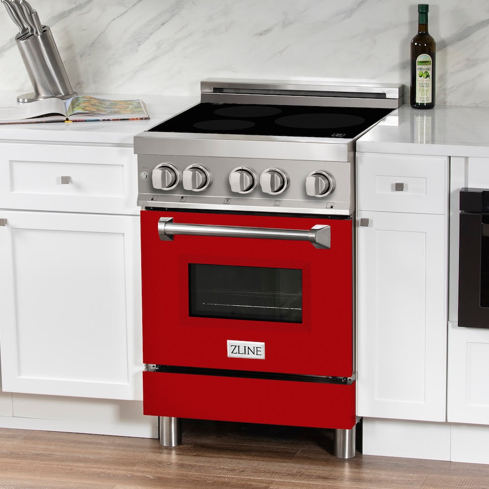 ZLINE 24 in. 2.8 cu. ft. Legacy Induction Range with 4 Element Cooktop and Electric Oven in Stainless Steel and Red Gloss Door, Open Box-Excellent Condition