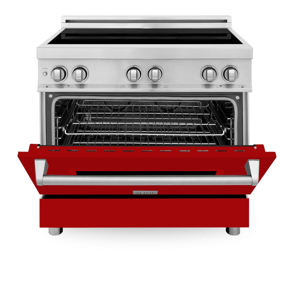ZLINE 36 in. 4.6 cu. ft. Legacy Induction Range with 5 Element Cooktop and Electric Oven in Stainless Steel and Red Gloss Door, Open Box-Excellent Condition