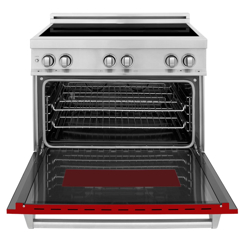 ZLINE 36 in. 4.6 cu. ft. Legacy Induction Range with 5 Element Cooktop and Electric Oven in Stainless Steel and Red Gloss Door, Open Box-Excellent Condition