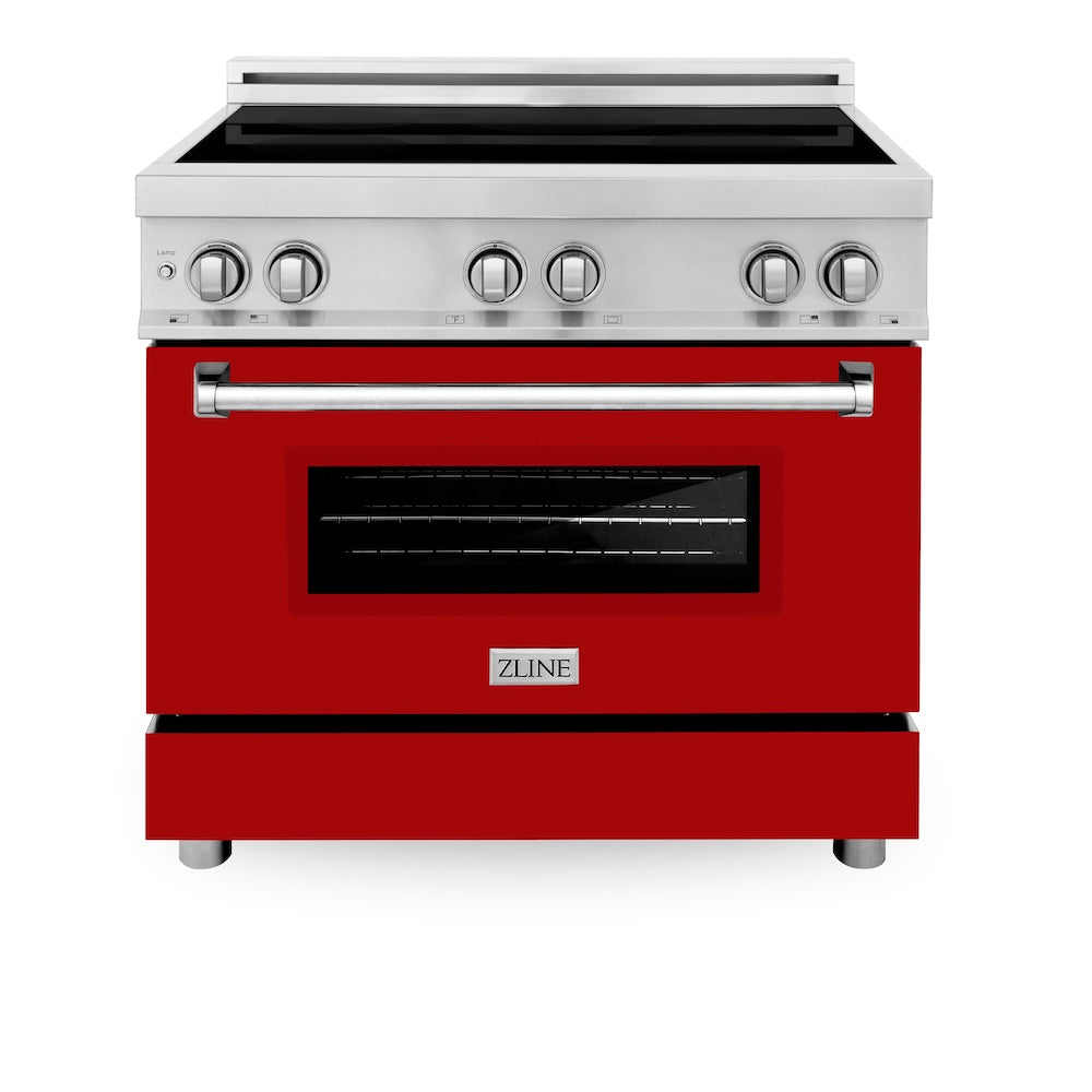 ZLINE 36 in. 4.6 cu. ft. Legacy Induction Range with 5 Element Cooktop and Electric Oven in Stainless Steel and Red Gloss Door, Open Box-Excellent Condition