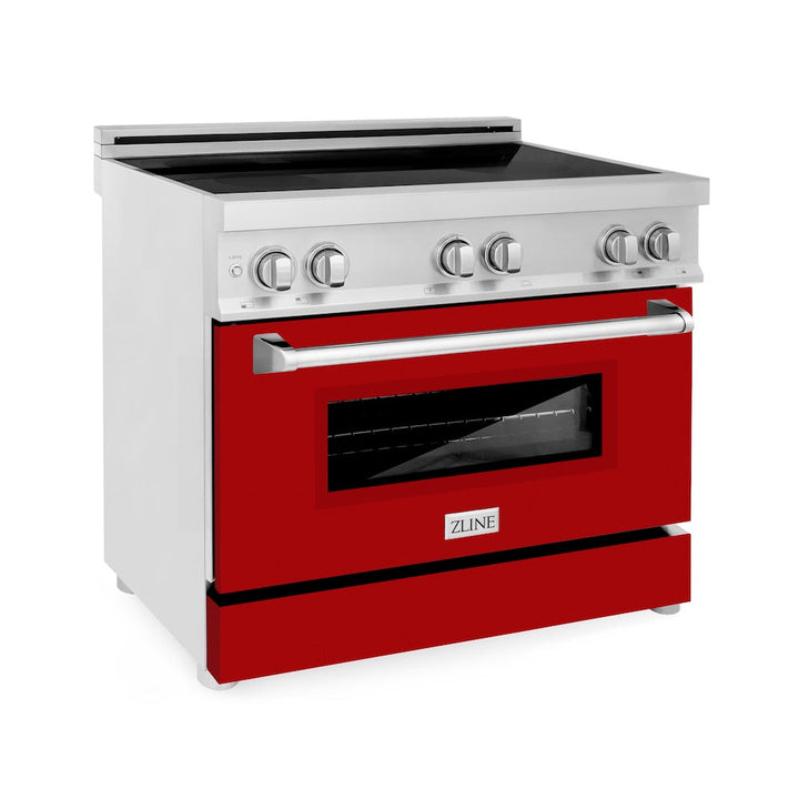 ZLINE 36 in. 4.6 cu. ft. Legacy Induction Range with 5 Element Cooktop and Electric Oven in Stainless Steel and Red Gloss Door, Open Box-Excellent Condition