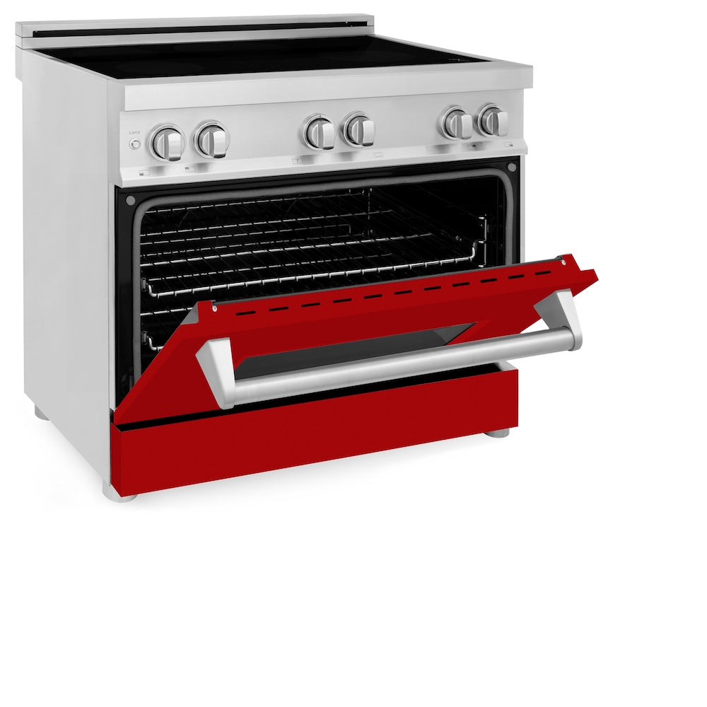 ZLINE 36 in. 4.6 cu. ft. Legacy Induction Range with 5 Element Cooktop and Electric Oven in Stainless Steel and Red Gloss Door, Open Box-Excellent Condition