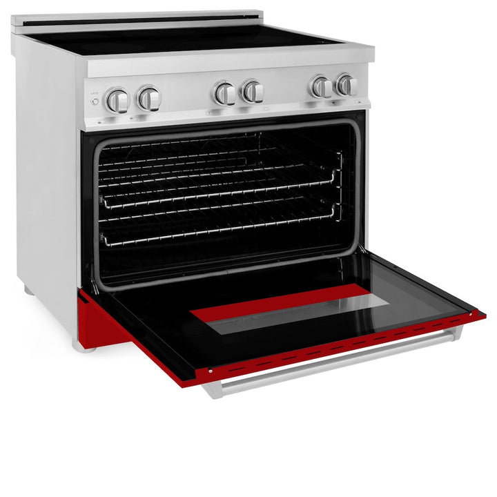 ZLINE 36 in. 4.6 cu. ft. Legacy Induction Range with 5 Element Cooktop and Electric Oven in Stainless Steel and Red Gloss Door, Open Box-Excellent Condition