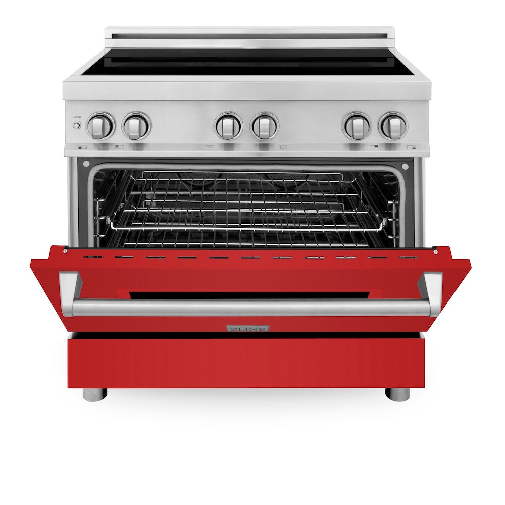 ZLINE 36 in. 4.6 cu. ft. Legacy Induction Range with 5 Element Cooktop and Electric Oven in Stainless Steel and Red Matte Door, Open Box-Excellent Condition