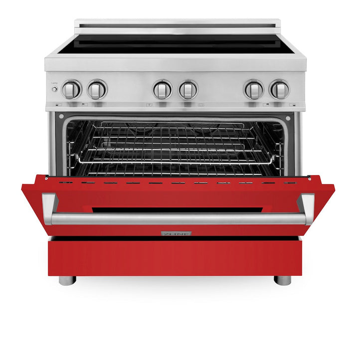 ZLINE 36 in. 4.6 cu. ft. Legacy Induction Range with 5 Element Cooktop and Electric Oven in Stainless Steel and Red Matte Door, Open Box-Excellent Condition