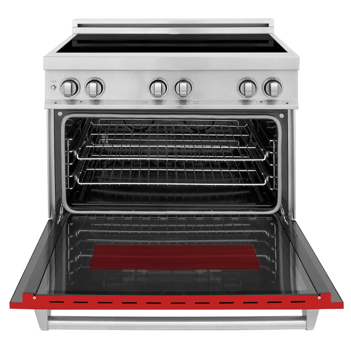 ZLINE 36 in. 4.6 cu. ft. Legacy Induction Range with 5 Element Cooktop and Electric Oven in Stainless Steel and Red Matte Door, Open Box-Excellent Condition