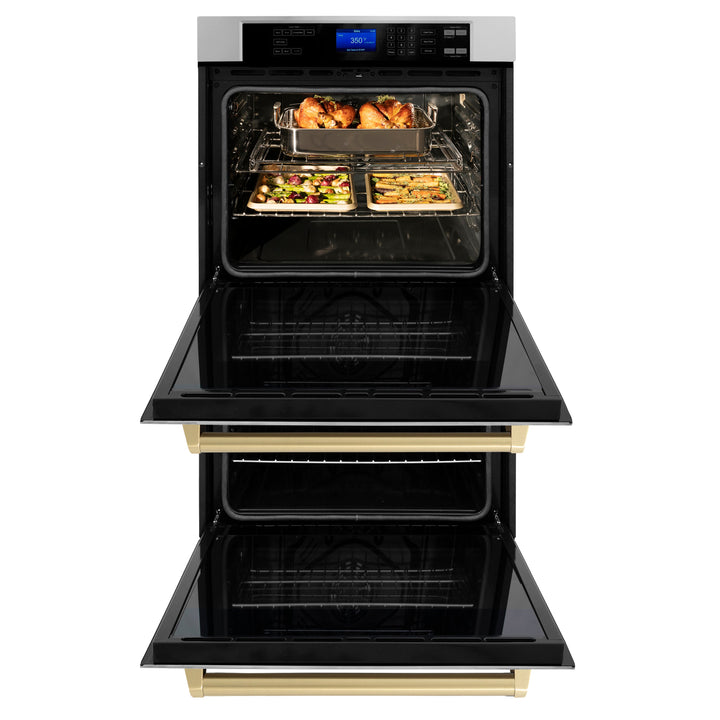 ZLINE 30" Autograph Double Wall Oven with Air Fry and Self-Clean in Stainless Steel and Champagne Bronze Handle, WADZ-30-CB