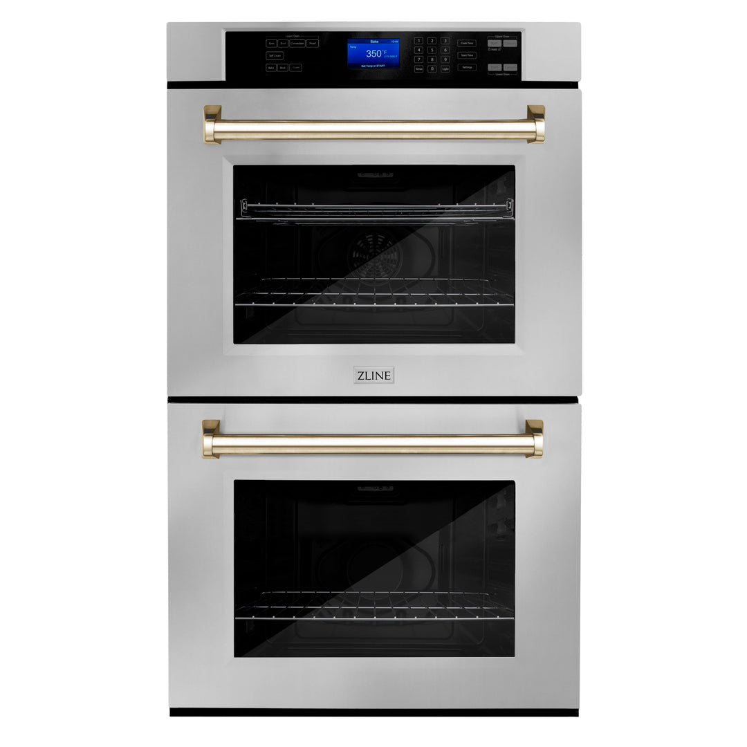 ZLINE 30" Autograph Double Wall Oven with Air Fry and Self-Clean in Stainless Steel and Gold Handle, WADZ-30-G