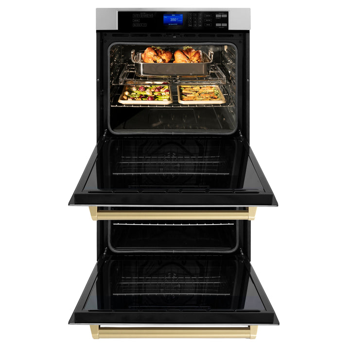 ZLINE 30" Autograph Double Wall Oven with Air Fry and Self-Clean in Stainless Steel and Gold Handle, WADZ-30-G