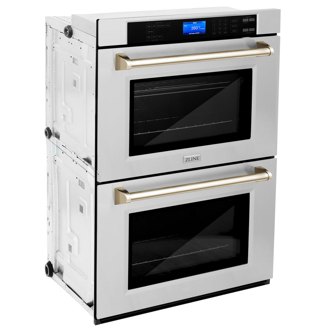 ZLINE 30" Autograph Double Wall Oven with Air Fry and Self-Clean in Stainless Steel and Gold Handle, WADZ-30-G