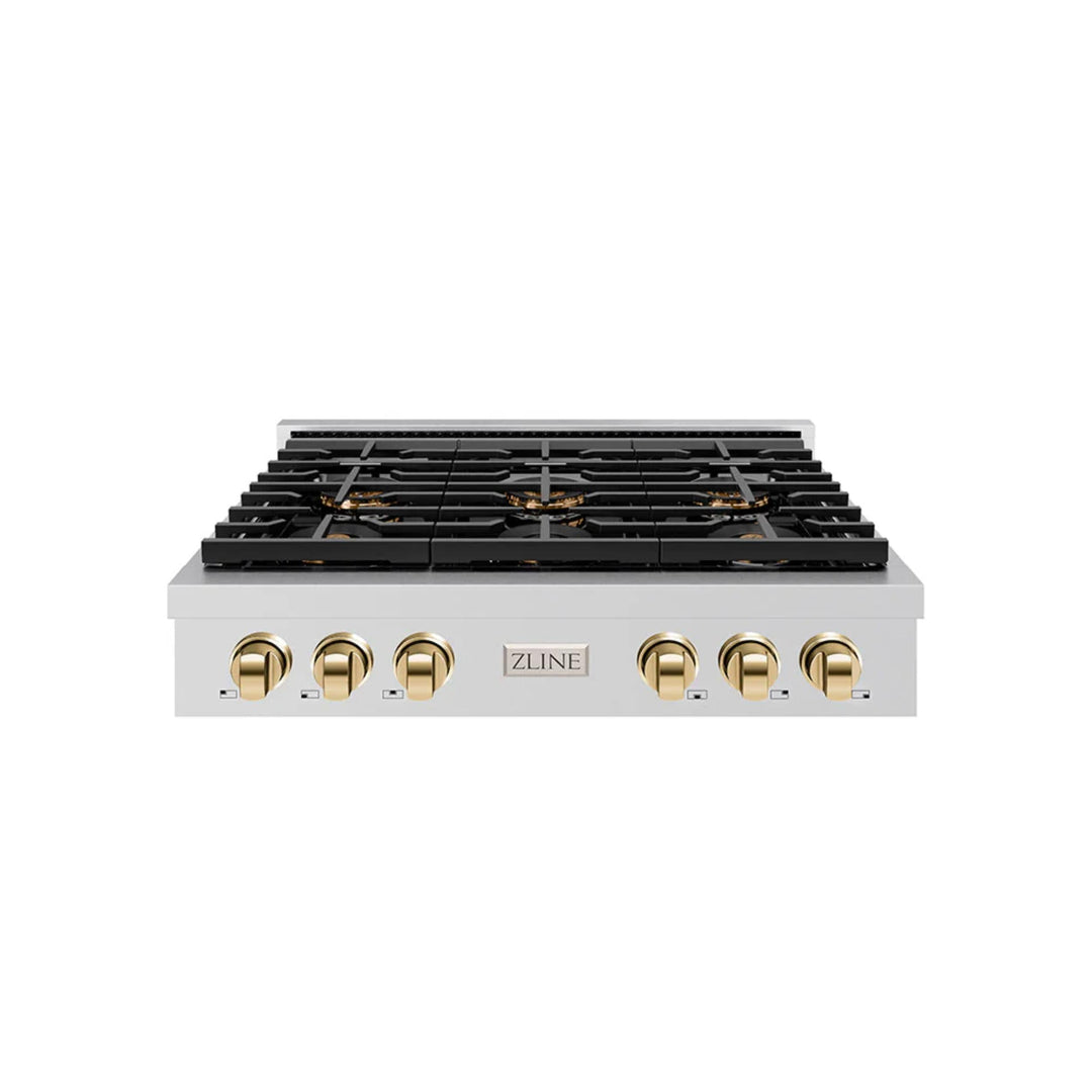ZLINE Autograph Edition Legacy Gas Rangetops with Polished Gold Accents – 36" and 48" Widths.