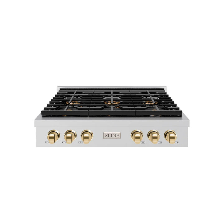 ZLINE Autograph Edition Legacy Gas Rangetops with Polished Gold Accents – 36" and 48" Widths.