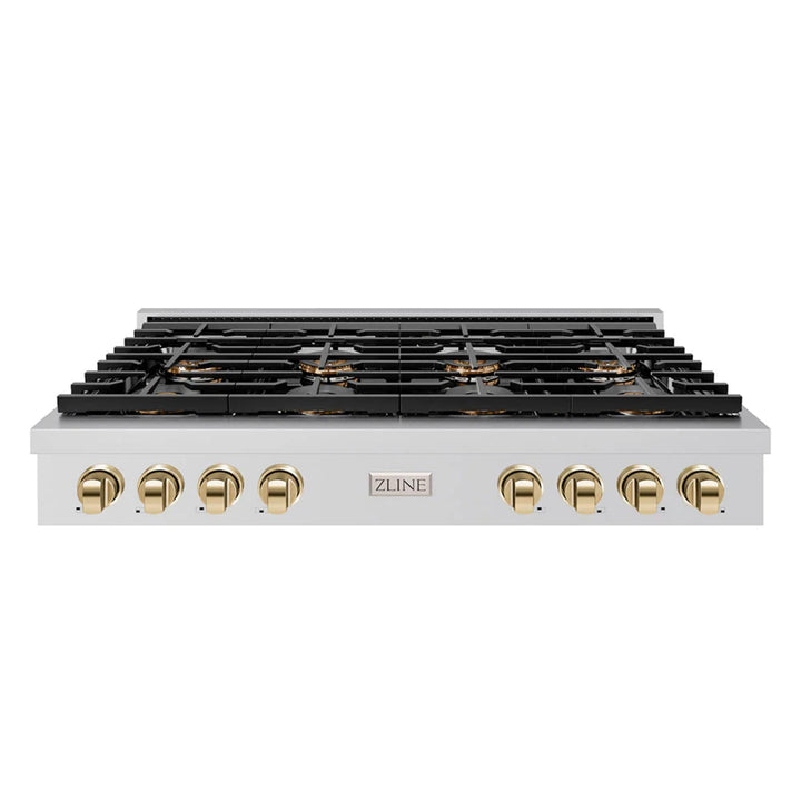 ZLINE Autograph Edition Legacy Gas Rangetops with Polished Gold Accents – 36" and 48" Widths.