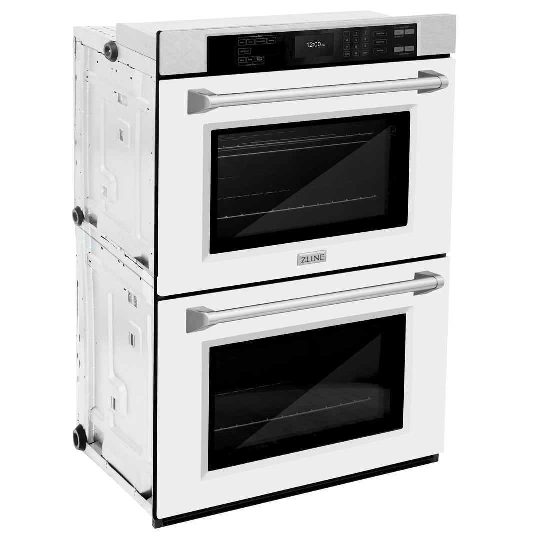 ZLINE 30" Professional Double Wall Oven with Air Fry and Self-Clean in DuraSnow® Stainless Steel with White Matte Door, WADS-WM-30