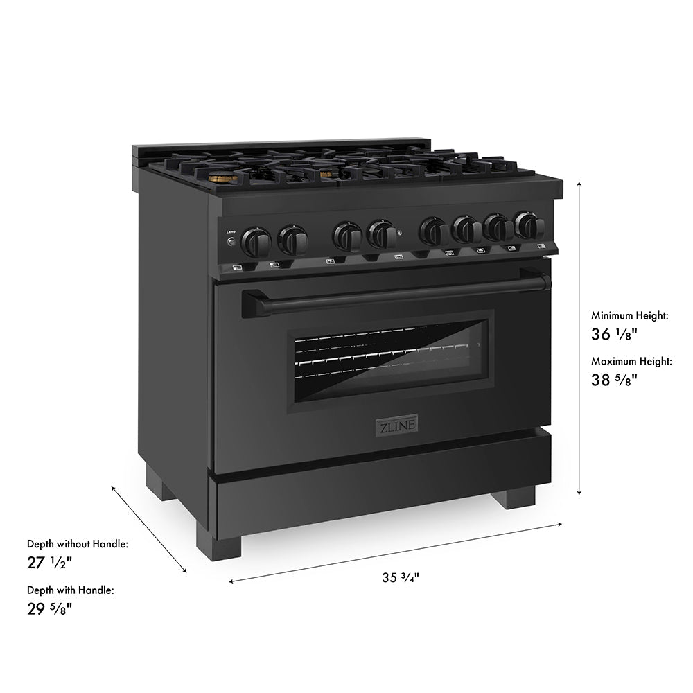 ZLINE 36 in. 4.6 cu. ft. Legacy Dual Fuel Range with Gas Cooktop and Electric Convection Oven in Black Stainless Steel with 6 Brass Burners, Open Box-Excellent Condition
