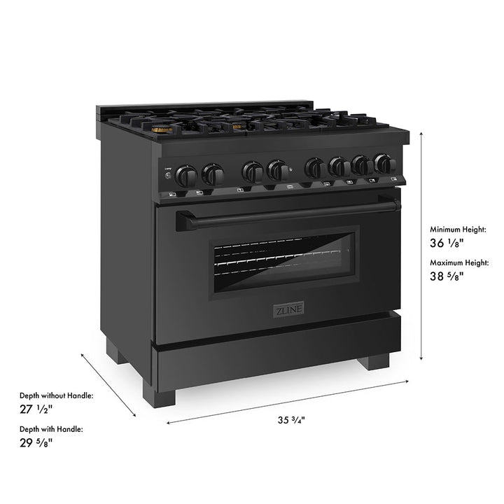 ZLINE 36 in. 4.6 cu. ft. Legacy Dual Fuel Range with Gas Cooktop and Electric Convection Oven in Black Stainless Steel with 6 Brass Burners, Open Box-Excellent Condition