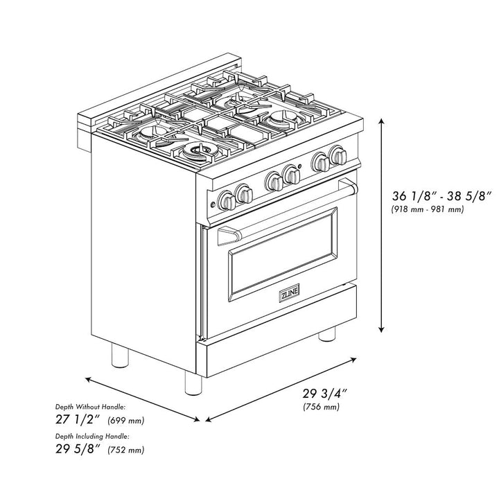 ZLINE 30 in. 4.0 cu. ft. Legacy Dual Fuel Range with 4 Burner Gas Cooktop and Electric Convection Oven in Black Stainless Steel, Open Box-Excellent Condition