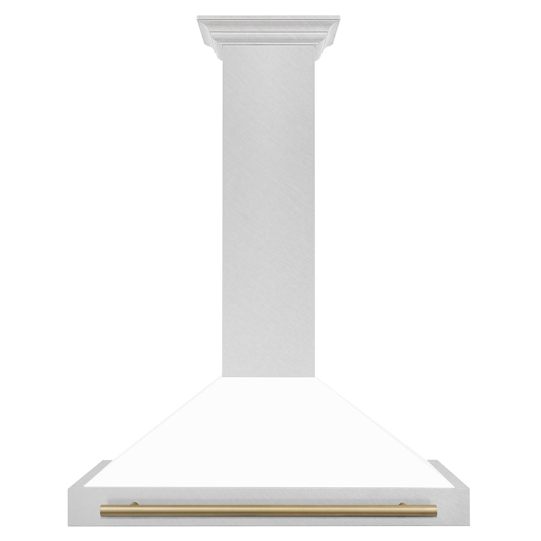 ZLINE 36" Autograph Edition Range Hood in DuraSnow® Stainless Steel with White Matte Shell and Champagne Bronze Handle, KB4SNZ-WM36-CB