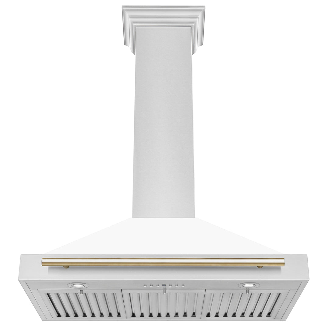 ZLINE 36 Inch Autograph Edition Stainless Steel Range Hood with a Matte White Shell and Gold Handle, KB4STZ-WM36-G