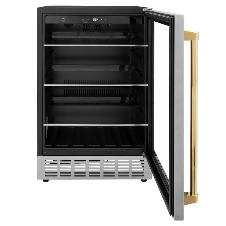 ZLINE 24" Autograph 154 Can Beverage Fridge in Stainless Steel with Gold Accents - Monument Series, RBVZ-US-24-G