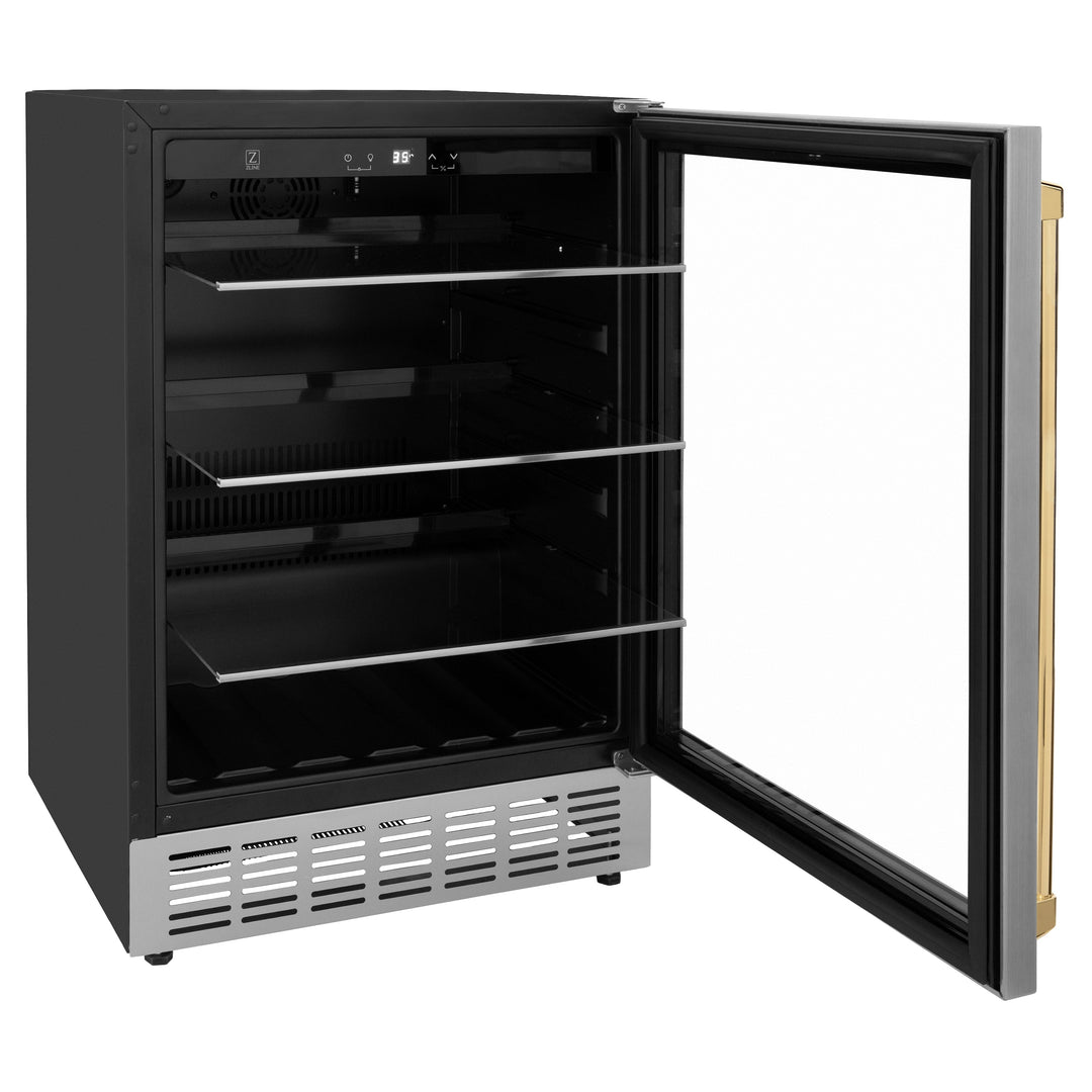 ZLINE 24" Autograph 154 Can Beverage Fridge in Stainless Steel with Gold Accents - Monument Series, RBVZ-US-24-G