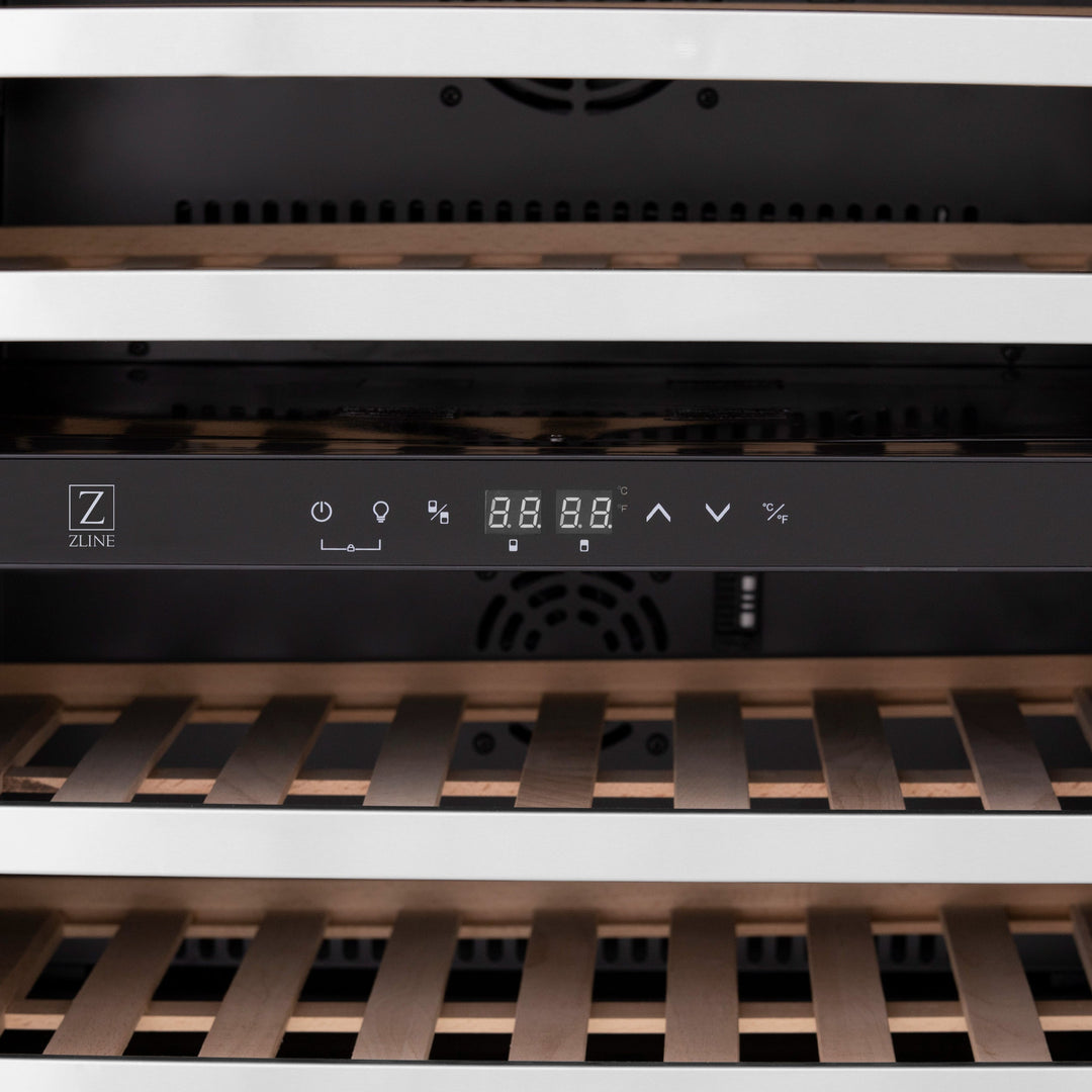 ZLINE 24" Monument Autograph Edition Dual Zone 44-Bottle Wine Cooler in Stainless Steel with Champagne Bronze Accents