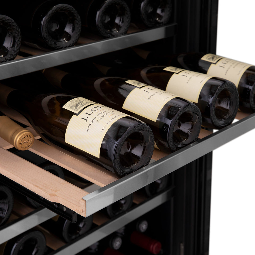 ZLINE 24" Monument Autograph Edition Dual Zone 44-Bottle Wine Cooler in Stainless Steel with Champagne Bronze Accents