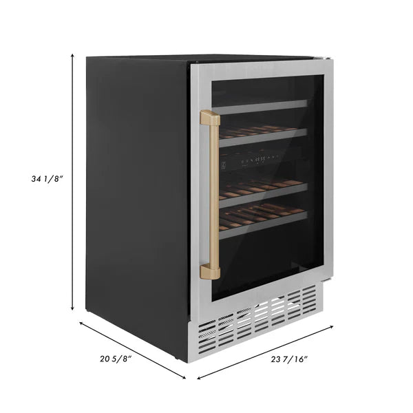 ZLINE 24" Autograph Dual Zone 44-Bottle Wine Cooler in Stainless Steel with Champagne Bronze Accents, RWVZ-UD-24-CB