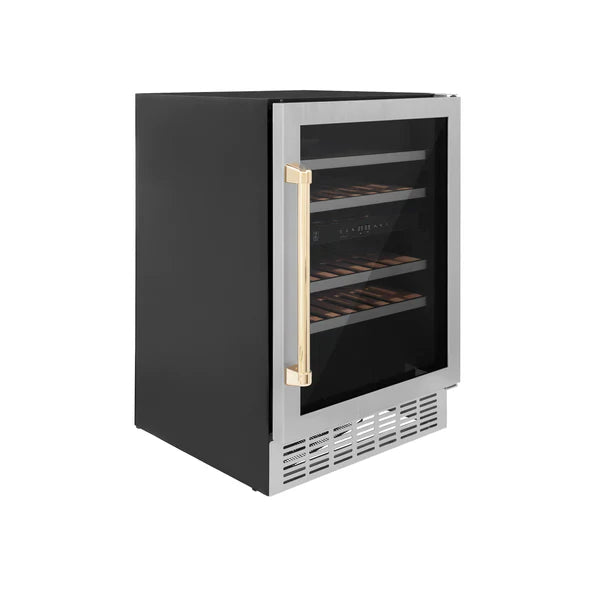 ZLINE 24" Autograph Dual Zone 44-Bottle Wine Cooler in Stainless Steel with Gold Accents, RWVZ-UD-24-G