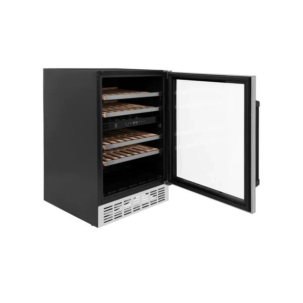 ZLINE 24" Autograph Dual Zone 44-Bottle Wine Cooler in Stainless Steel with Matte Black Accents, RWVZ-UD-24-MB