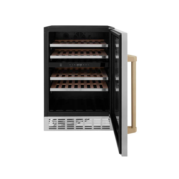 ZLINE 24" Autograph Dual Zone 44-Bottle Wine Cooler in Stainless Steel with Champagne Bronze Accents, RWVZ-UD-24-CB