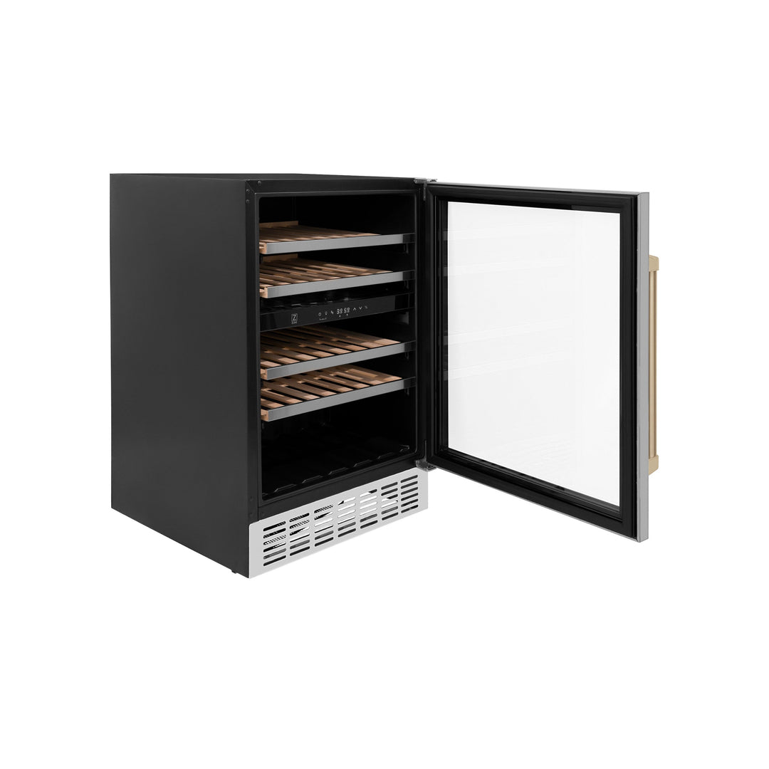 ZLINE 24" Monument Autograph Edition Dual Zone 44-Bottle Wine Cooler in Stainless Steel with Champagne Bronze Accents