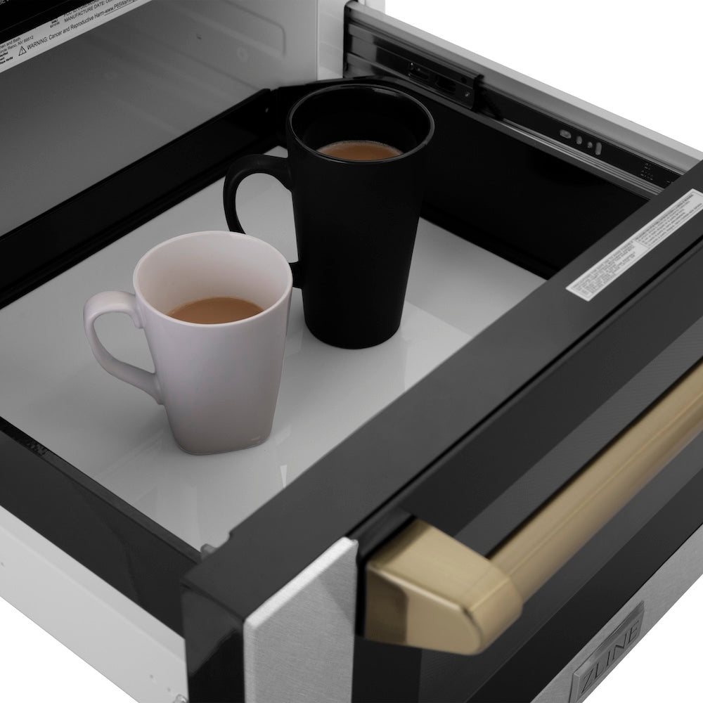 ZLINE Autograph Edition 24 in. 1.2 cu. ft. Built-in Microwave Drawer with a Traditional Handle in Satin Stainless Steel and Champagne Bronze Accents (MWDZ-1-SS-H-CB)