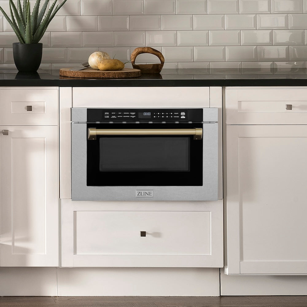 ZLINE Autograph Edition 24 in. 1.2 cu. ft. Built-in Microwave Drawer with a Traditional Handle in Satin Stainless Steel and Champagne Bronze Accents (MWDZ-1-SS-H-CB)