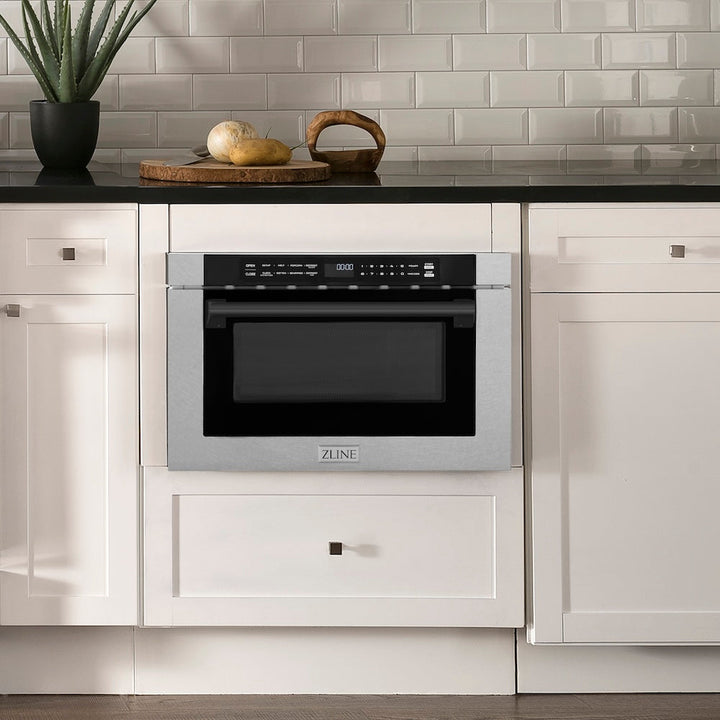 ZLINE Autograph Edition 24 in. 1.2 cu. ft. Built-in Microwave Drawer with a Traditional Handle in Satin Stainless Steel and Matte Black Accents (MWDZ-1-SS-H-MB)