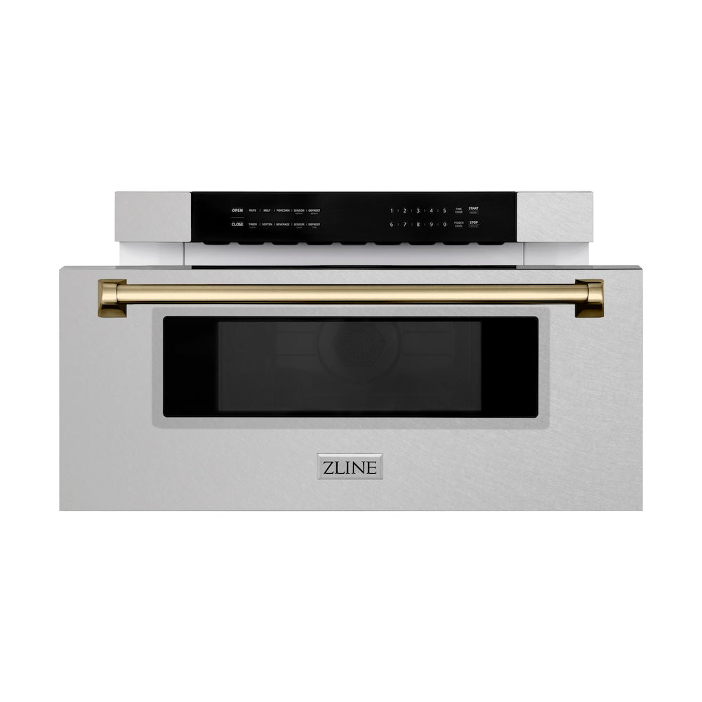 ZLINE Autograph Edition 30 in. 1.2 cu. ft. Built-In Microwave Drawer in Satin Stainless Steel with Champagne Bronze Accents (MWDZ-30-SS-CB)