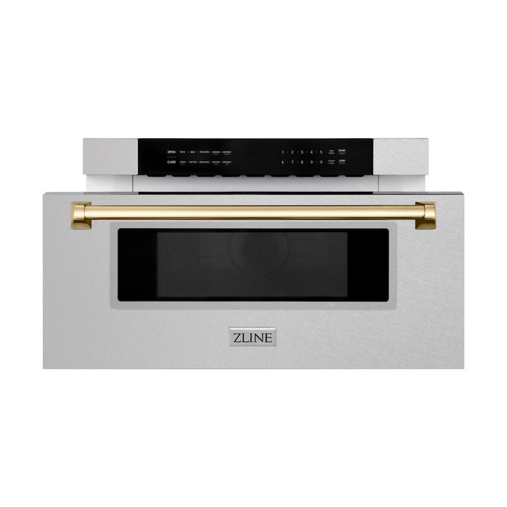 ZLINE Autograph Edition 30 in. 1.2 cu. ft. Built-In Microwave Drawer in Satin Stainless Steel with Polished Gold Accents (MWDZ-30-SS-G)