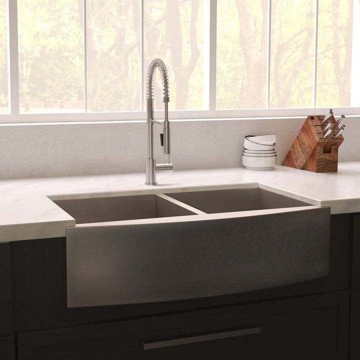 ZLINE 36 in. Niseko Farmhouse Apron Mount Double Bowl Satin Stainless Steel Kitchen Sink with Bottom Grid (SA50D-36S)