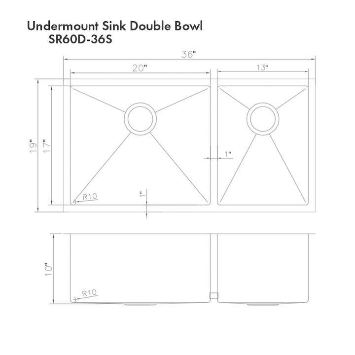 ZLINE 36 in. Chamonix Undermount Double Bowl Satin Stainless Steel Kitchen Sink with Bottom Grid (SR60D-36S)
