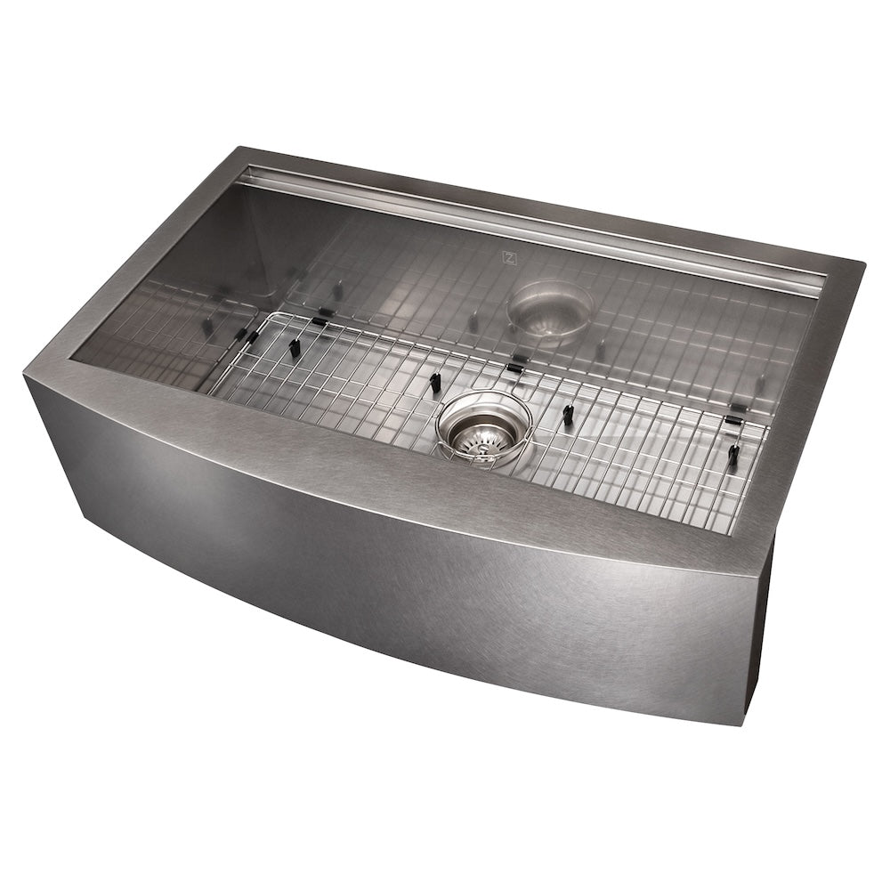 ZLINE 33 in. Moritz Farmhouse Apron Mount Single Bowl Satin Stainless Steel Kitchen Sink with Bottom Grid and Accessories (SLSAP-33S)