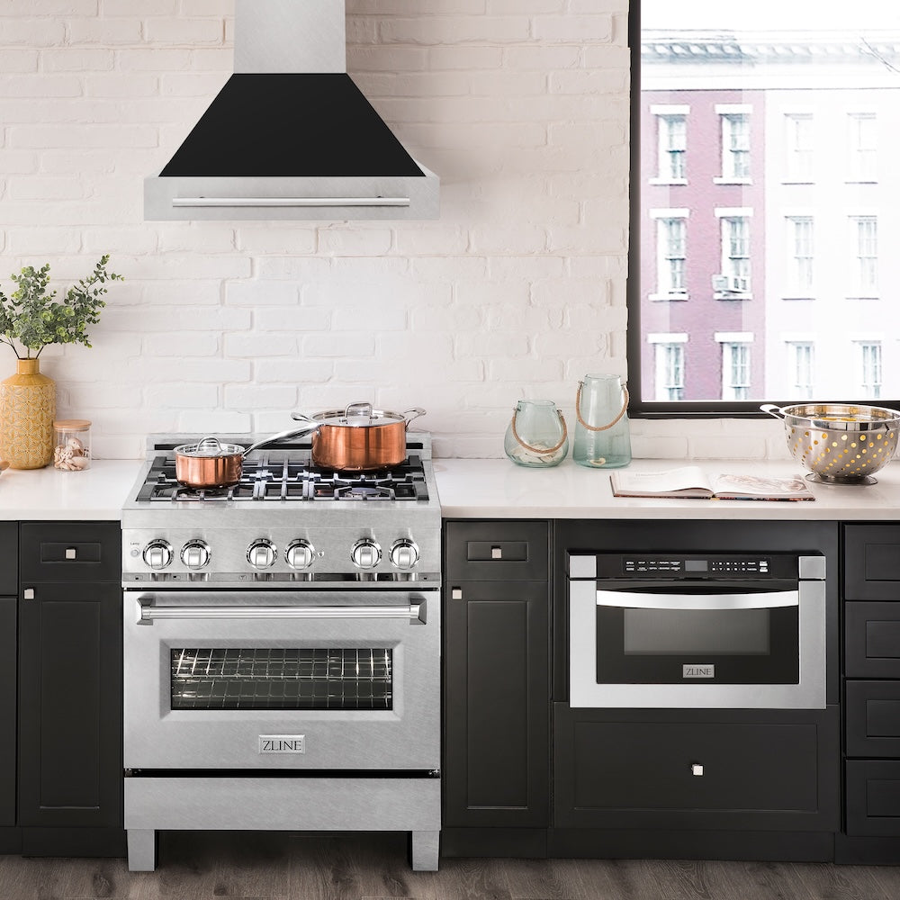 ZLINE 30 in. Satin Stainless Steel Wall Mount Range Hood with Black Matte Shell and Stainless Steel Handle (8654SNX-BLM-30)
