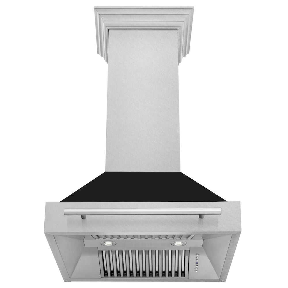 ZLINE 30 in. Satin Stainless Steel Wall Mount Range Hood with Black Matte Shell and Stainless Steel Handle (8654SNX-BLM-30)