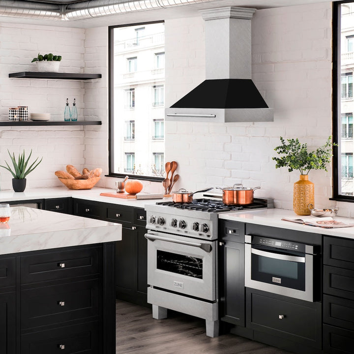ZLINE 30 in. Satin Stainless Steel Wall Mount Range Hood with Black Matte Shell and Stainless Steel Handle (8654SNX-BLM-30)